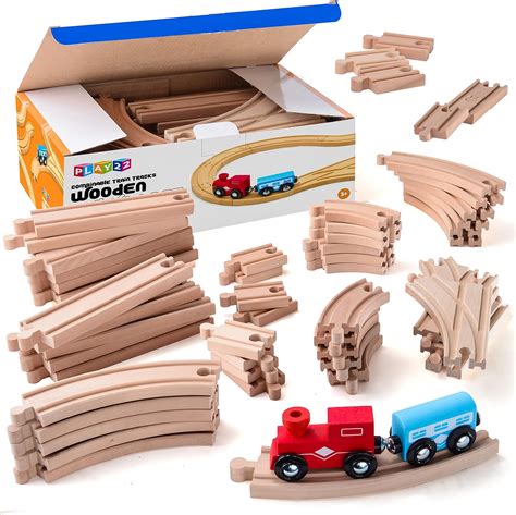 Play22 Wooden Train Tracks - 52 PCS Wooden Train Set + 2 Bonus Toy ...