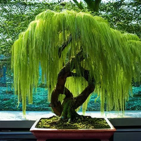 A Weeping willow bonsai tree, afternoon sun shines | Stable Diffusion