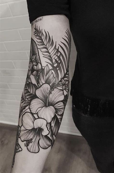 Black And White Hibiscus Flower Sleeve Tattoos