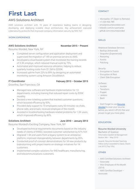 AWS Solutions Architect Resume Example for 2023 | Resume Worded