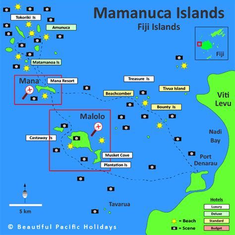 Map of Mamanuca Islands in Fiji Islands showing Hotel Locations