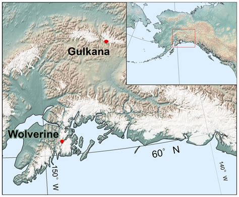 Map of southern Alaska with study glaciers marked by red outline. All ...