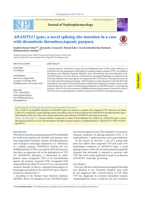 (PDF) ADAMTS13 gene; a novel splicing site mutation in a case with thrombotic thrombocytopenic ...