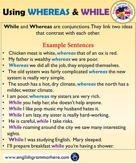 Using WHEREAS & WHILE, Example Sentences | English grammar, English phrases, Learn english