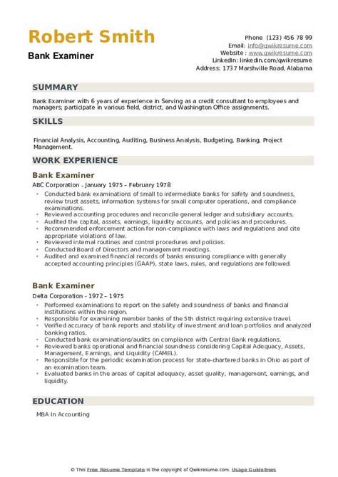 Bank Examiner Resume Samples | QwikResume