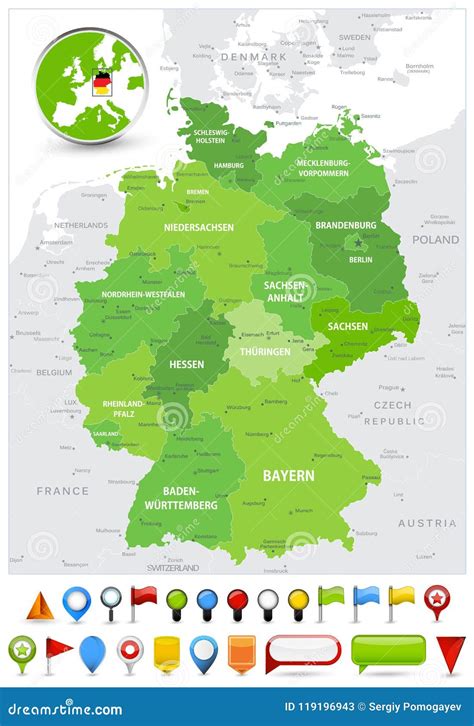 Germany Map Spot Green Colors and Glossy Icons Stock Vector ...