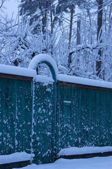 Snow-covered Boardwalk Old Green Fence. Countryside Gloomy Winter Day Stock Photo - Image of ...