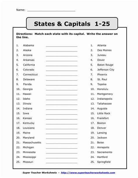 States and Capitals Matching Worksheet