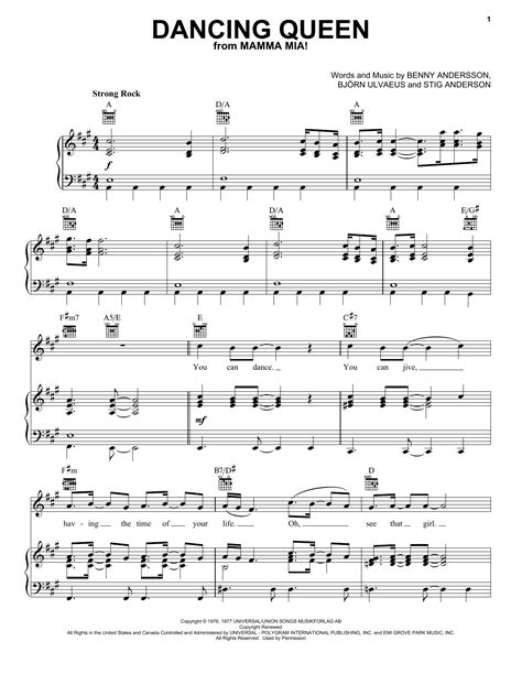 ABBA "Dancing Queen" Sheet Music Notes | Download Printable PDF Score ...