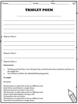 Triolet Poem Template - Poetry Writing Activity and Worksheet by SNAPPY DEN