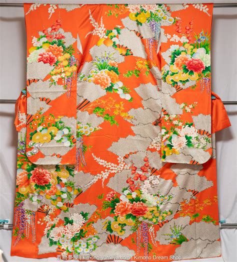 Shiny Orange Silk Furisode - Traditional Japanese Women's Kimono with – Kimono Dream Shop