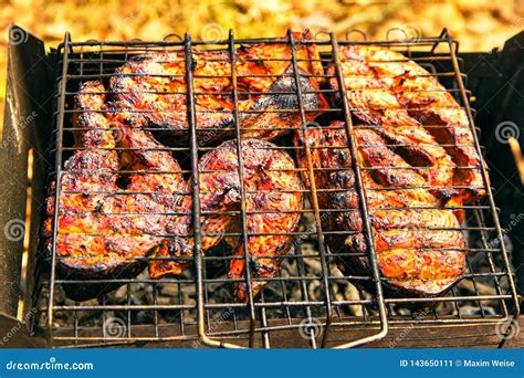 Grilling Salmon Steak with Ginger Marinade in Wire Rack Stock Image ...