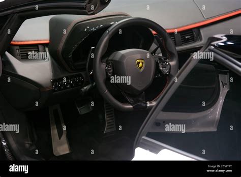 2020 Lamborghini model interior in black - luxurious sport and exotic car displayed in Dubai car ...