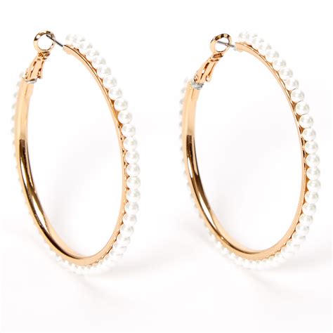 Gold 50MM Pearl Lined Hoop Earrings | Claire's US