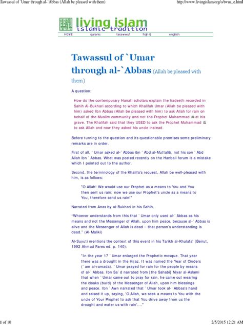 Tawassul of 'Umar Through Al-'Abbas (Allah Be Pleased With Them) | PDF | Muhammad | Hadith