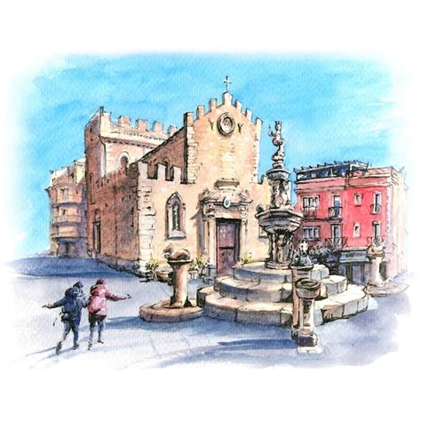 Premium Photo | Watercolor sketch of cathedral of taormina and fountain on the square piazza ...