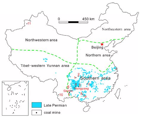 The distribution of high-U coal mines within China: 1, Moxinpo; 2,... | Download Scientific Diagram