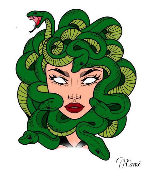 a drawing of a woman with snakes on her head and the snake crawling out ...