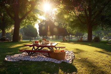 Premium AI Image | A picnic table in a park with a picnic table and a ...