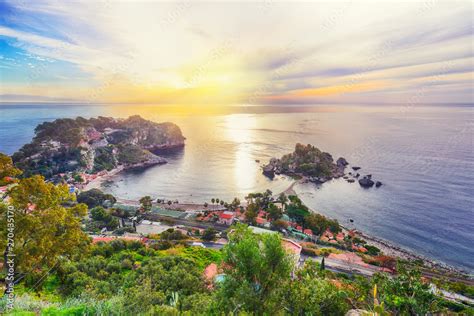 Panoramic aerial view of Isola Bella island and beach in Taormina Stock Photo | Adobe Stock