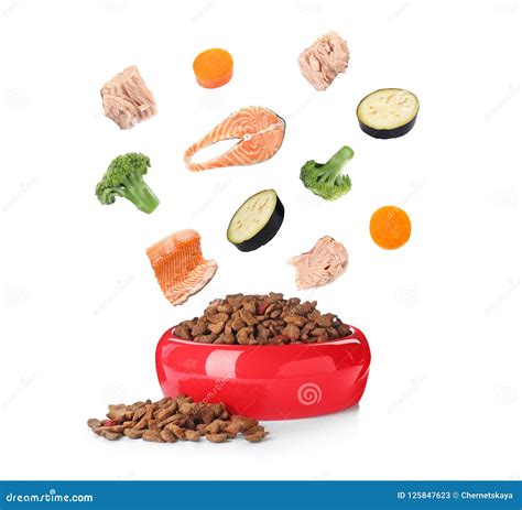 Fresh Ingredients Falling into Bowl with Dry Pet Food Stock Image ...