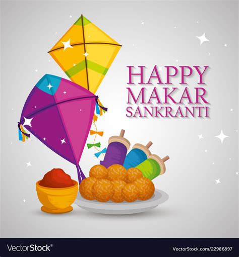 Happy makar sankranti with kites and food Vector Image