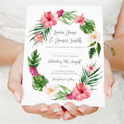 Tropical Floral Wedding Invitations, Floral Wreath, Beach Wedding, Tro – STNStationery