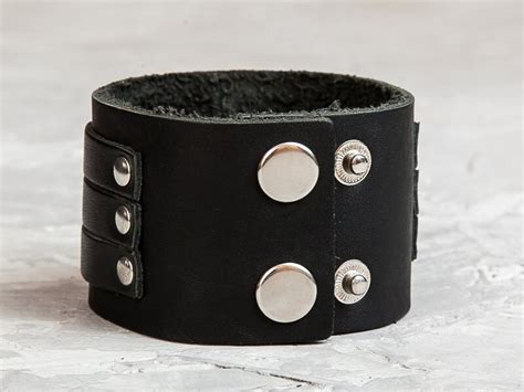 Mens wide leather wristband Wide leather cuff Metal armlet men | Etsy