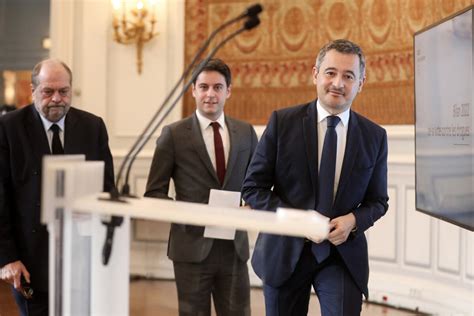 Photo : Gérald Darmanin, Eric Dupond-Moretti, Gabriel Attal - Conférence de presse de ...