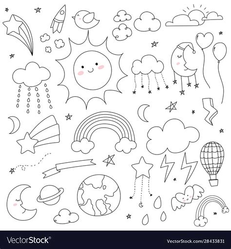 Sky cartoon doodle outline hand drawn collection Vector Image