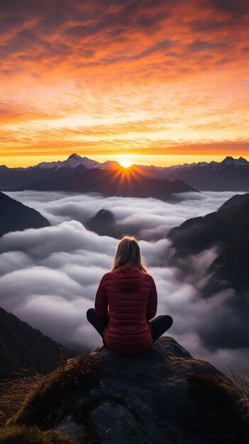 Premium AI Image | a woman on top of a mountain peak with view of clouds and sunrise