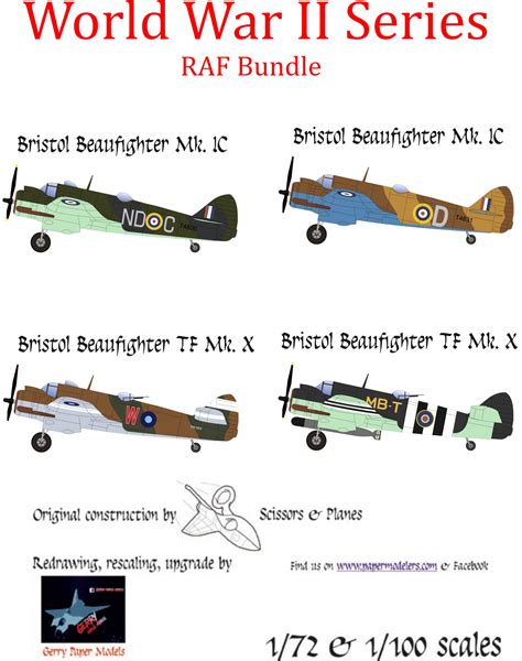 1/72 and 1/100 Bristol Beaufighter RAF (4) Kit Bundle Paper Model ...