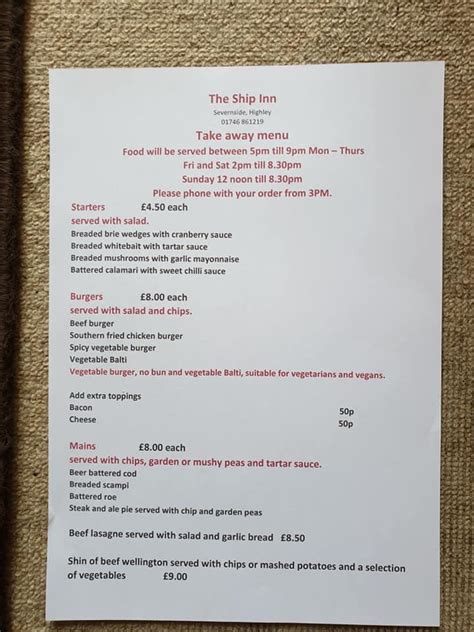 Menu at The Ship Inn pub & bar, Highley, Severnside