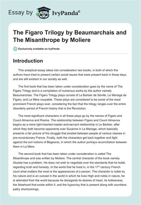 "The Figaro Trilogy" and "The Misanthrope" - 1235 Words | Essay Example