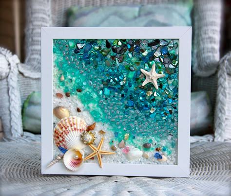 #seaglassart #BeachDecor, #SeashellWallArt, #Nauticalbathroom, #BlueArt#BeachHomeDecor # ...