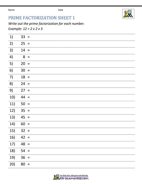 Prime Factorization Worksheet page