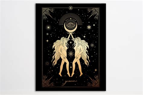 Gemini Star Sign Print Zodiac Wall Art Gold & Black Mystical | Etsy