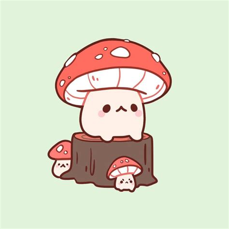 a mushroom sitting on top of a stump with eyes closed and mouth wide open, in front of a green ...