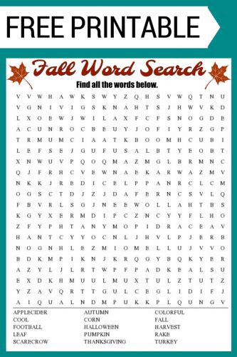 Fall Word Search Free Printable Worksheet