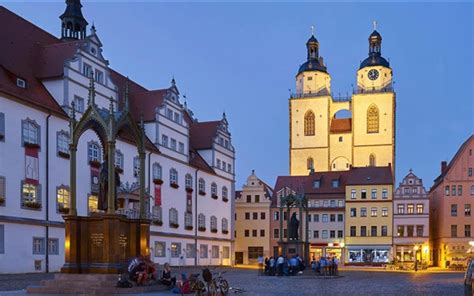 Wallpaper Wittenberg, old town hall, church, evening, market square, Germany 1920x1080 Full HD ...