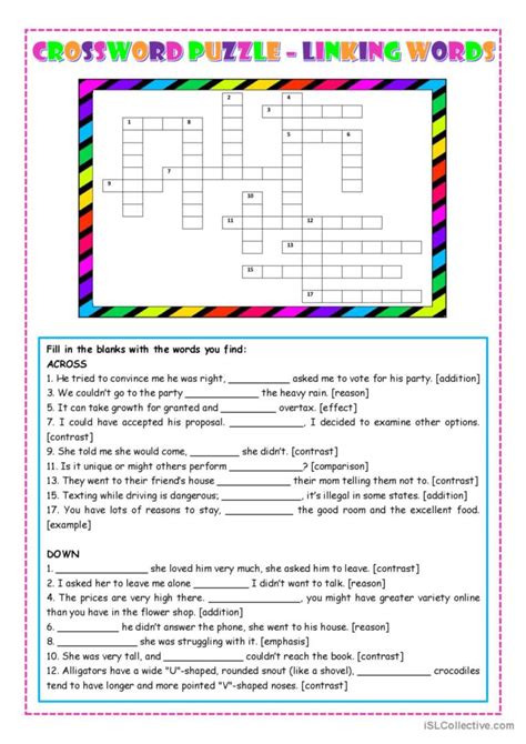 Crossword Puzzle - Linking Words: English ESL worksheets pdf & doc