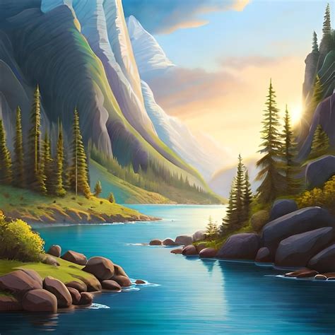 Premium AI Image | A painting of a river with mountains and trees.