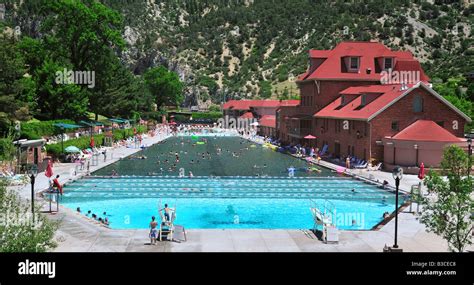 Swimmers and sunbathers at the Glenwood Hot Springs Lodge and Pool in Glenwood Springs, Colorado ...