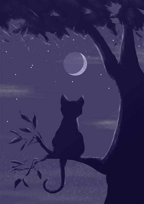 Cat sitting in a tree looking at the moon Simple Cat Drawing, Black Cat Drawing, Cloud Drawing ...