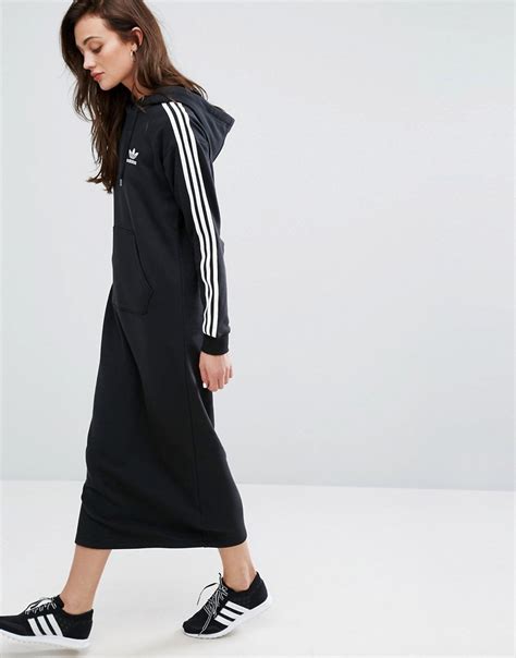 adidas Originals Black Three Stripe Hoodie Maxi Dress - ShopperBoard