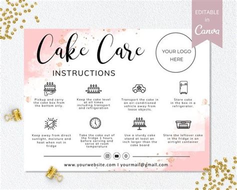 Cake Care Card Template, Canva Editable Wedding Cake Care Cards ...