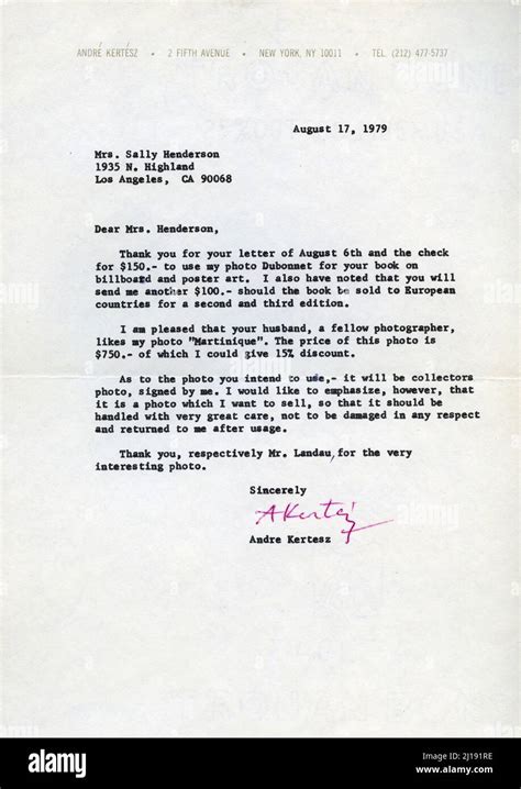 Hand typed letter with ink signature from photographer Andre Kertesz ...