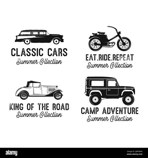 Classic cars badges with various modern and retro vehicles and Summer Collection inscriptions ...