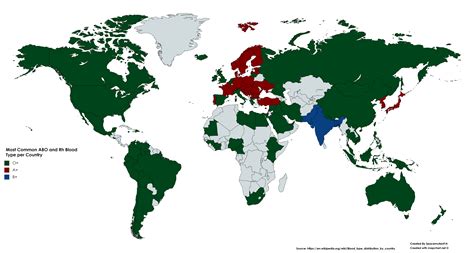 Most Common ABO and Rh Blood Type per Country [6460 x 3455] : r/MapPorn