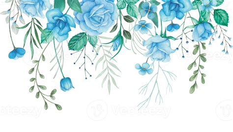 Watercolor Flowers Border Arrangement with Blue Roses and Green Leaves Illustration 11098198 PNG